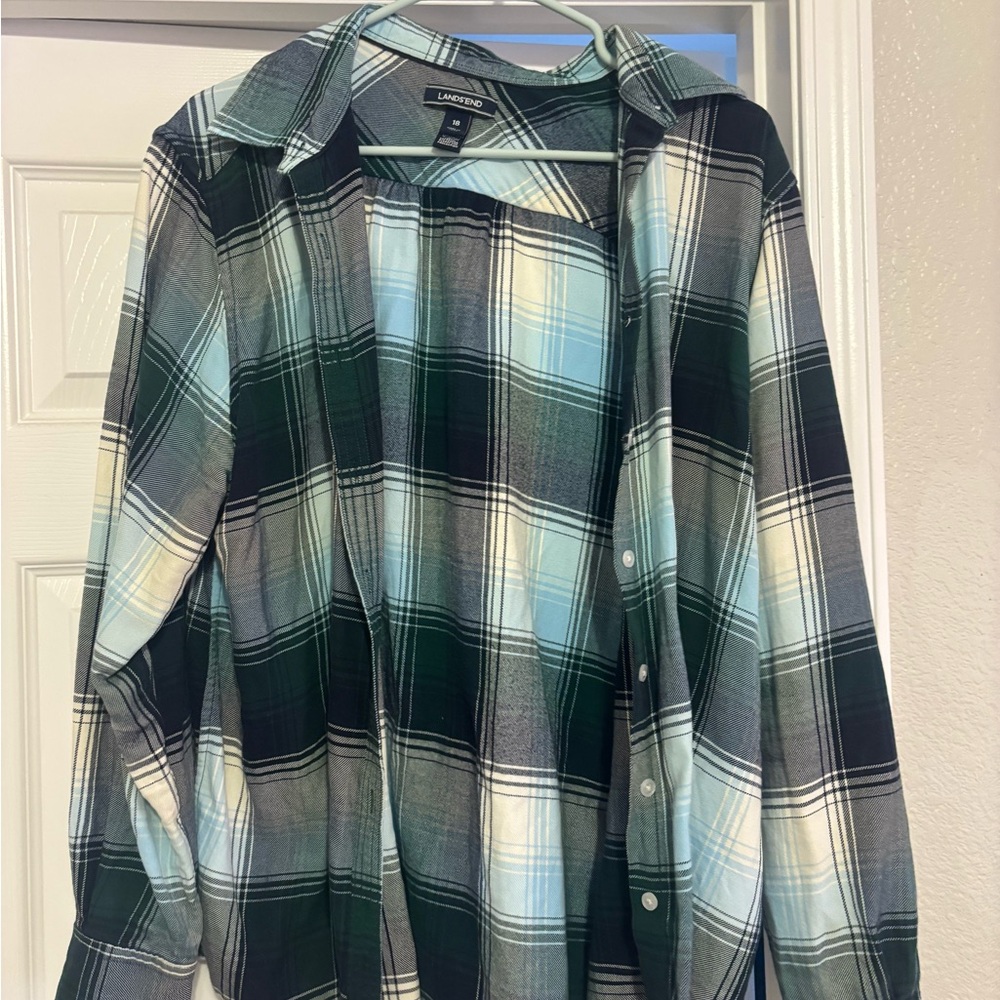 Lands' End Green and White Plaid Button-Down Shirt